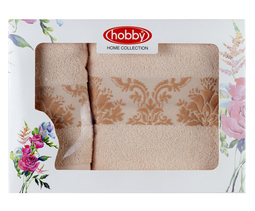 Подарочный набор полотенец для ванной 50х90, 70х140 Hobby Home Collection RUZANNA хлопковая махра персиковый, фото, фотография