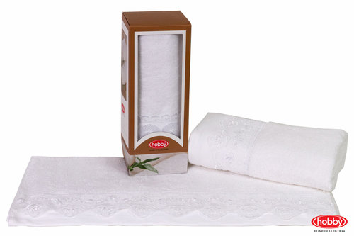 Полотенце для ванной в подарочной упаковке Hobby Home Collection ALMEDA бамбуковая/хлопковая махра белый 50х90, фото, фотография