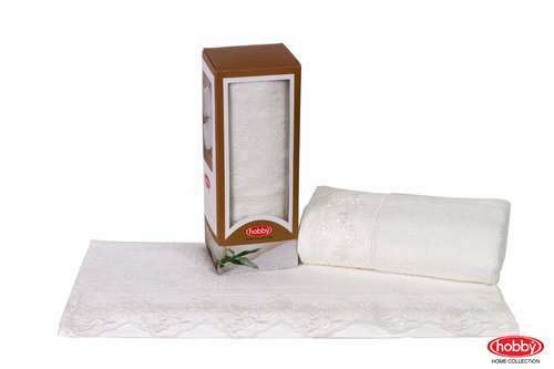 Полотенце для ванной в подарочной упаковке Hobby Home Collection ALMEDA бамбуковая/хлопковая махра кремовый 50х90, фото, фотография