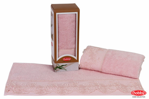 Полотенце для ванной в подарочной упаковке Hobby Home Collection ALMEDA бамбуковая/хлопковая махра пудра 50х90, фото, фотография