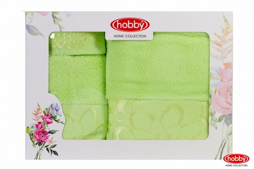 Подарочный набор полотенец для ванной 30х50, 50х90, 70х140 Hobby Home Collection DORA хлопковая махра зелёный, фото, фотография