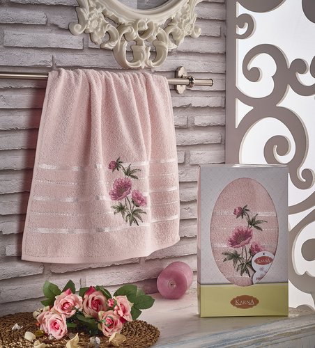 Полотенце для ванной в подарочной упаковке Karna ROZENYA хлопковая махра розовый 50х90, фото, фотография