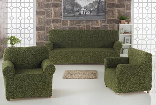 Набор чехлов на трёхместный диван и кресла 2 шт. Karna MILANO зелёный, фото, фотография
