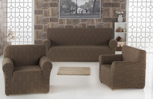 Набор чехлов на трёхместный диван и кресла 2 шт. Karna MILANO коричневый, фото, фотография