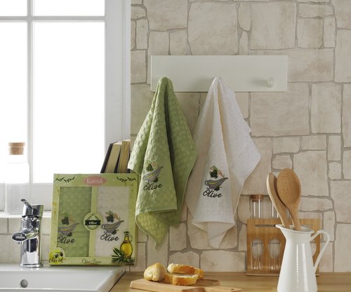 Набор кухонных полотенец Karna LAMA хлопковая вафля оливки, V2, фото, фотография