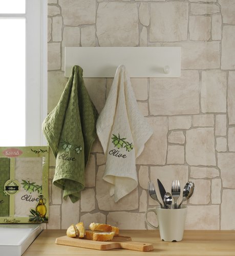 Набор кухонных полотенец Karna LAMA хлопковая вафля оливки, V1, фото, фотография