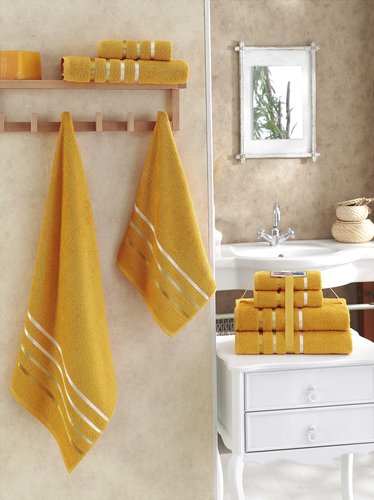 Подарочный набор полотенец для ванной Karna BALE хлопковая махра 50х80 2 шт., 70х140 2 шт. тёмно-жёлтый, фото, фотография