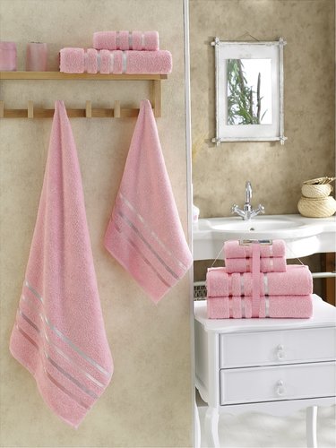 Подарочный набор полотенец для ванной Karna BALE хлопковая махра 50х80 2 шт., 70х140 2 шт. розовый, фото, фотография