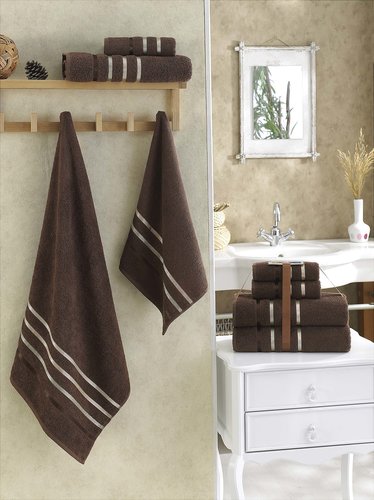 Подарочный набор полотенец для ванной Karna BALE хлопковая махра 50х80 2 шт., 70х140 2 шт. коричневый, фото, фотография