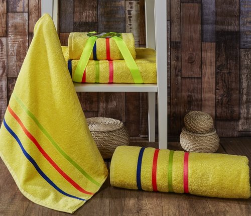 Подарочный набор полотенец для ванной Karna BALE NEON хлопковая махра 50х80, 70х140 жёлтый, фото, фотография