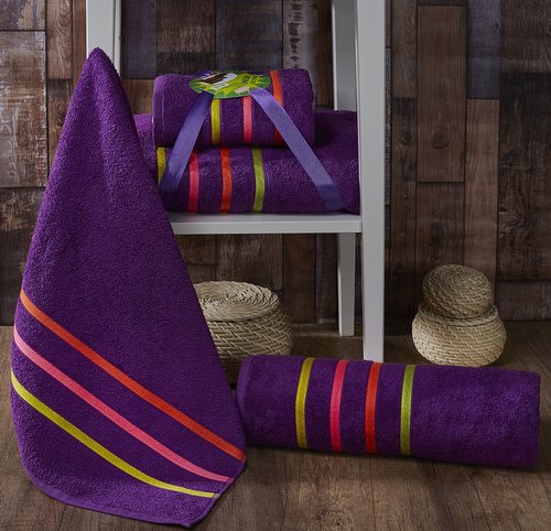 Подарочный набор полотенец для ванной Karna BALE NEON хлопковая махра 50х80, 70х140 фиолетовый, фото, фотография