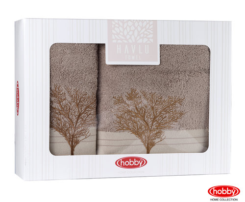 Подарочный набор полотенец для ванной Hobby Home Collection INFINITY хлопковая махра 2 пр. светло-коричневый, фото, фотография