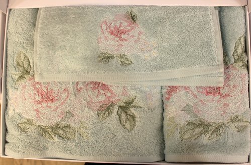 Подарочный набор полотенец для ванной 3 пр. Tivolyo Home ROSE NAKISLI хлопковая махра бирюзовый, фото, фотография
