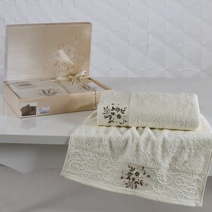 Подарочный набор полотенец для ванной 50х90, 70х140 Karna VIOLA хлопковая махра кремовый