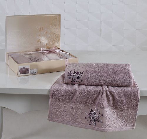 Подарочный набор полотенец для ванной 50х90, 70х140 Karna VIOLA хлопковая махра светло-сиреневый, фото, фотография