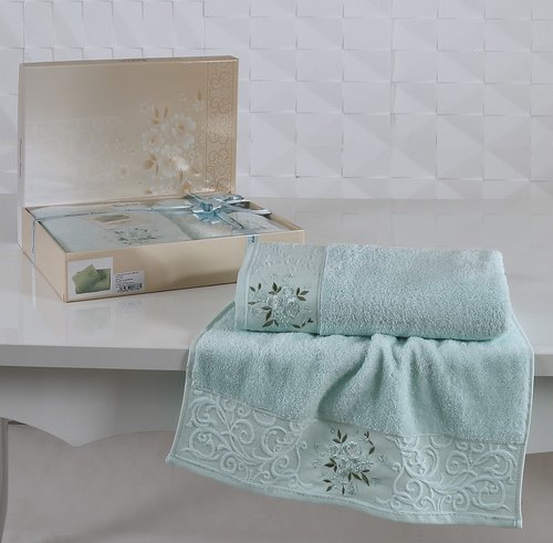 Подарочный набор полотенец для ванной 50х90, 70х140 Karna VIOLA хлопковая махра светло-зелёный, фото, фотография