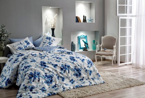 Постельное белье TAC DIGITAL FARIDA хлопковый сатин голубой 1,5 спальный, фото, фотография