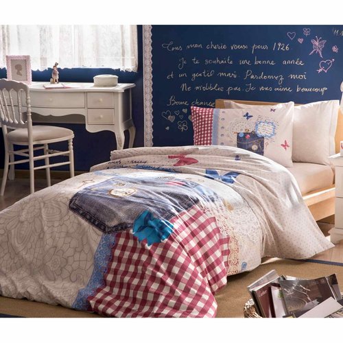 Комплект подросткового постельного белья TAC MOSCHINO хлопковый ранфорс голубой 1,5 спальный, фото, фотография