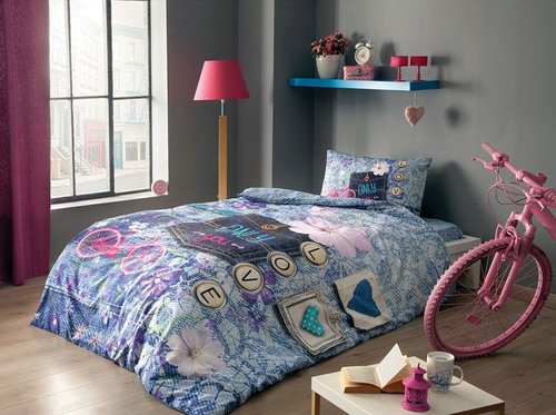 Комплект подросткового постельного белья TAC HELLO хлопковый ранфорс голубой 1,5 спальный, фото, фотография