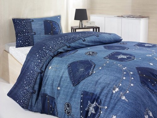 Комплект подросткового постельного белья TAC JEANS хлопковый ранфорс синий 1,5 спальный, фото, фотография