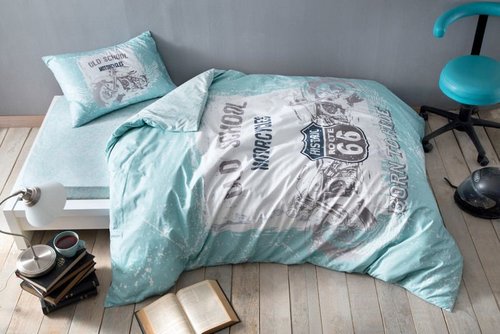 Комплект подросткового постельного белья TAC ROUTE хлопковый ранфорс голубой 1,5 спальный, фото, фотография