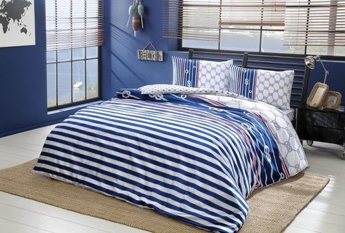 Комплект подросткового постельного белья TAC BLUE хлопковый ранфорс синий евро, фото, фотография