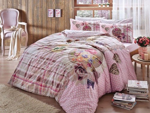 Постельное белье TAC HAPPY DAYS LIVIA хлопковый ранфорс розовый 1,5 спальный, фото, фотография