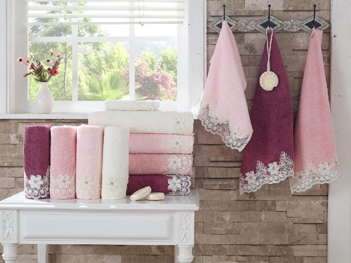 Подарочный набор полотенец для ванной 3 пр. La Villa BALEY хлопковая махра тёмно-розовый, фото, фотография