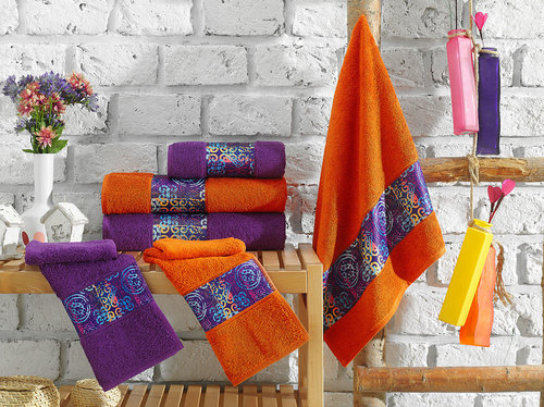 Подарочный набор полотенец для ванной 3 пр. La Villa LOST хлопковая махра оранжевый, фото, фотография