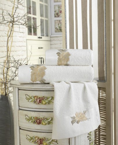 Подарочный набор полотенец для ванной 3 пр. La Villa ROSA хлопковая махра кремовый, фото, фотография