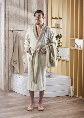 Халат мужской с полотенцами Karna ADRA хлопковая махра кремовый L/XL, фото, фотография