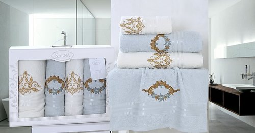 Подарочный набор полотенец для ванной Karna KAREN хлопковая махра 50х90 2 шт., 70х140 2 шт. ментол, фото, фотография
