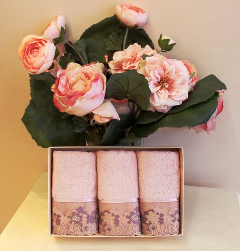 Набор полотенец для ванной в подарочной упаковке 32х50 3 шт. Soft Cotton LALEZAR хлопковая махра тёмно-розовый, фото, фотография