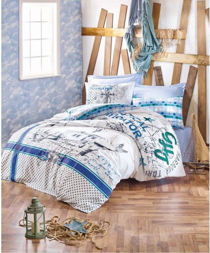Постельное белье Cotton Box MARITIME VIRA хлопковый ранфорс голубой 1,5 спальный, фото, фотография