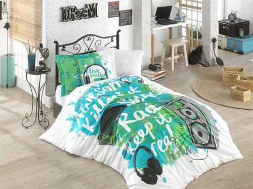 Комплект подросткового постельного белья Hobby Home Collection LIVE MUSIC хлопковый поплин зелёный 1,5 спальный, фото, фотография