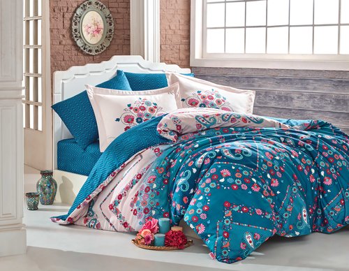 Постельное белье Hobby Home Collection SANCHA хлопковый сатин тёмно-бирюзовый евро, фото, фотография