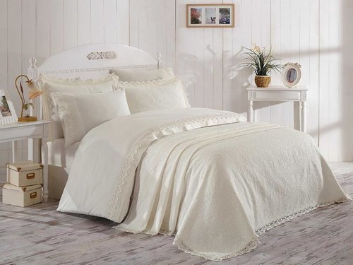 Постельное белье с покрывалом Hobby Home Collection ELITE SET хлопковый сатин делюкс кремовый евро, фото, фотография