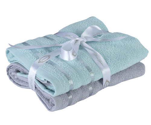 Набор полотенец для ванной 50х90 2 шт. Hobby Home Collection NISA хлопковая махра бирюзово-зелёный+светло-серый, фото, фотография