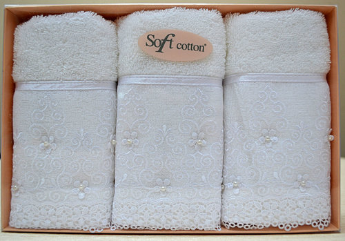 Набор полотенец для ванной в подарочной упаковке 32х50 3 шт. Soft Cotton SELEN хлопковая махра белый, фото, фотография