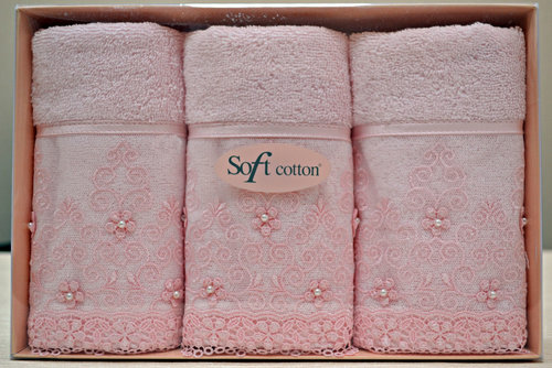 Набор полотенец для ванной в подарочной упаковке 32х50 3 шт. Soft Cotton SELEN хлопковая махра розовый, фото, фотография