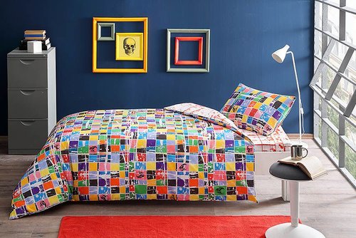 Комплект подросткового постельного белья TAC SQUARE хлопковый ранфорс оранжевый 1,5 спальный, фото, фотография