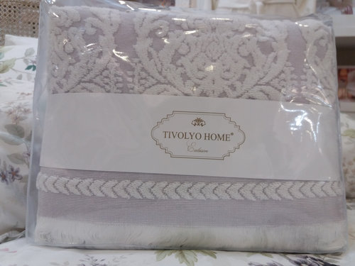 Набор полотенец для ванной 2 пр. Tivolyo Home SANDRA хлопковая махра кремовый+лиловый, фото, фотография