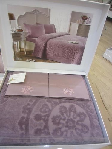 Постельное белье с махровой простынью-покрывалом Tivolyo Home ALFREDO хлопок фиолетовый евро, фото, фотография