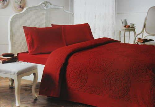 Постельное белье с махровой простынью-покрывалом Tivolyo Home ALFREDO хлопок бордовый евро, фото, фотография