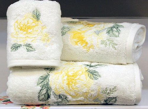 Подарочный набор полотенец для ванной 3 пр. Tivolyo Home ROSE NAKISLI хлопковая махра кремовый+жёлтый, фото, фотография