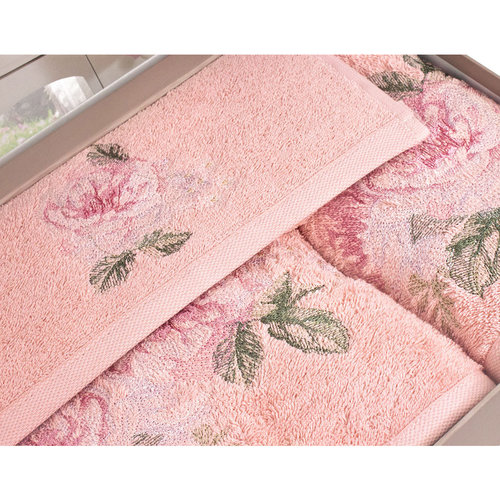Подарочный набор полотенец для ванной 3 пр. Tivolyo Home ROSE NAKISLI хлопковая махра розовый, фото, фотография