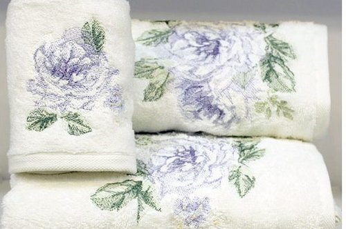 Подарочный набор полотенец для ванной 3 пр. Tivolyo Home ROSE NAKISLI хлопковая махра кремовый+лиловый, фото, фотография