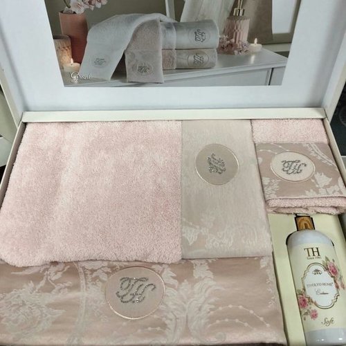 Подарочный набор полотенец для ванной 3 пр. Tivolyo Home GRANT хлопковая махра пудра, фото, фотография