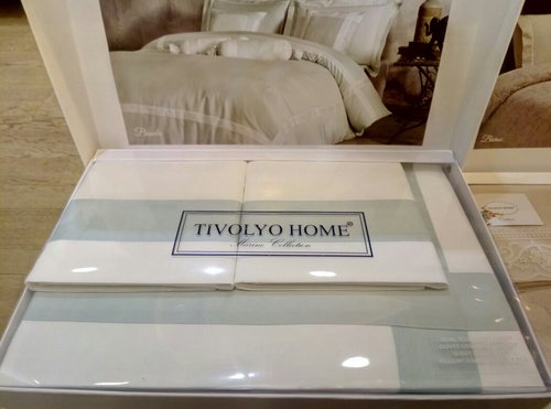 Постельное белье Tivolyo Home BANDA хлопковый люкс-сатин кремовый+бирюзовый евро, фото, фотография