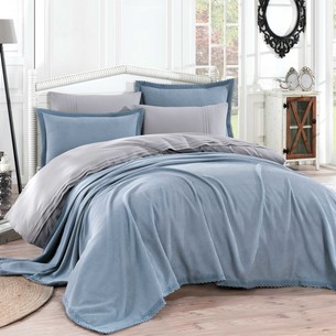 Постельное белье с покрывалом Hobby Home Collection NATURAL хлопковый поплин синий 1,5 спальный